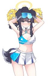 Rule 34 | 1girl, absurdres, bare shoulders, black hair, blue archive, blue eyes, blush, breasts, cheerleader, half-closed eyes, halo, hibiki (blue archive), hibiki (cheer squad) (blue archive), highres, hrna, looking at viewer, midriff, millennium cheerleader outfit (blue archive), navel, pom pom (cheerleading), simple background, white background