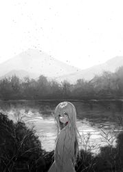 Rule 34 | 1girl, ashes, blood, blood on face, dress, greyscale, hair between eyes, highres, kuga huna, lake, long hair, looking at viewer, looking back, monochrome, original, outdoors, solo, spot color, volcano