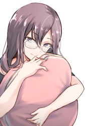 Rule 34 | 1girl, black shirt, blue eyes, brown hair, commentary request, glasses, holding, holding pillow, idolmaster, idolmaster cinderella girls, long hair, looking at viewer, pillow, shirt, smile, unu (unucence), yagami makino