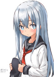 Rule 34 | 1girl, black hat, black sailor collar, blue eyes, commentary request, flat cap, hat, hibiki (kancolle), highres, izumikuma, kantai collection, long hair, looking at viewer, neckerchief, one-hour drawing challenge, red neckerchief, sailor collar, school uniform, serafuku, silver hair, simple background, solo, unworn hat, unworn headwear, upper body, white background