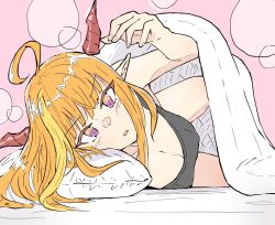 Rule 34 | 1girl, ahoge, black tank top, blonde hair, breasts, cleavage, dragon girl, dragon horns, hololive, horns, kiryu coco, looking at viewer, lying, multicolored eyes, multicolored hair, nekomimi sukinosuke, on side, open hand, open mouth, orange eyes, orange hair, pillow, pink background, pointy ears, purple eyes, simple background, slit pupils, solo, streaked hair, tank top, under covers, v-shaped eyebrows, virtual youtuber