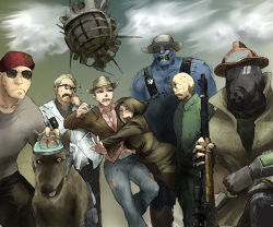 Rule 34 | 2girls, 5boys, adjusting eyewear, animification, arcade gannon, bad id, bad pixiv id, beret, blush, brain, breasts, coat, courier (fallout new vegas), craig boone, cyborg, dog, ed-e, fallout (series), fallout: new vegas, glasses, gun, hat, hood, hug, jacket, jewelry, lab coat, large breasts, lily bowen, mask, multiple boys, multiple girls, necklace, nightkin, obomugera, raul tejada, rex (fallout new vegas), rifle, robot, rose of sharon cassidy, sniper rifle, sunglasses, super mutant, sweat, trench coat, veronica santangelo, weapon