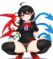 Rule 34 | 1girl, ahoge, ass, asymmetrical wings, black dress, black hair, black panties, black thighhighs, blue wings, blush, breasts, center frills, closed mouth, daichi (tokoya), dress, frills, full body, highres, houjuu nue, large breasts, panties, pointy ears, red eyes, red footwear, red wings, shoes, short hair, short sleeves, simple background, smile, solo, squatting, thighhighs, touhou, underwear, white background, wings