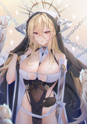 Rule 34 | 1girl, absurdres, azur lane, black gloves, blonde hair, breast cutout, breasts, chain, cleavage, covered navel, fake horns, gloves, habit, hair between eyes, half gloves, highres, horns, implacable (azur lane), large breasts, long bangs, long hair, looking at viewer, nun, orange eyes, pelvic curtain, revealing clothes, see-through, sking, solo, statuette, two-tone dress, veil, very long hair, white horns