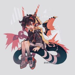 Rule 34 | 1boy, artist name, black jacket, black shorts, brown hair, colored extremities, colored inner hair, detached wings, dragon boy, dragon tail, dragon wings, fake horns, full body, grey background, grey footwear, hair between eyes, highres, hood, hood down, hooded jacket, horned headwear, horns, jacket, long sleeves, long tail, looking at viewer, male focus, mechanical horns, mechanical wings, multicolored hair, no pupils, no sclera, onotsuki w2, open clothes, open jacket, open mouth, orange eyes, orange hair, orange horns, orange wings, original, red hair, red shirt, shirt, short hair, shorts, simple background, sitting, solo, streaked hair, tail, twitter username, wings