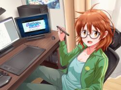 Rule 34 | 1girl, ahoge, araki hina, blue shirt, blush, book, breasts, brown eyes, brown hair, chair, cleavage, collarbone, computer, curtains, drawing tablet, gaming chair, glasses, green jacket, green pants, grey-framed eyewear, hand up, hige (com), holding, holding pen, idolmaster, idolmaster cinderella girls, idolmaster cinderella girls starlight stage, indoors, jacket, lamp, looking at viewer, medium breasts, messy hair, monitor, open clothes, open jacket, open mouth, pants, pen, poster (object), semi-rimless eyewear, shirt, short hair, sitting, smile, solo, swivel chair, table, track jacket, under-rim eyewear, wooden floor, zipper