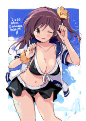 Rule 34 | 1girl, bikini, black bikini, blush, breasts, brown eyes, cleavage, collarbone, cowboy shot, dated, front-tie bikini top, front-tie top, hagikaze (kancolle), kantai collection, large breasts, long hair, navel, odawara hakone, one-hour drawing challenge, one side up, open mouth, purple hair, scrunchie, short sleeves, solo, swimsuit, twitter username
