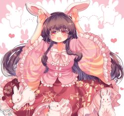 Rule 34 | bamboo print, black hair, bow, bowtie, frills, heart, highres, houraisan kaguya, japanese clothes, kemo chiharu, kimono, long hair, long sleeves, looking at viewer, open mouth, pink kimono, rabbit, red eyes, red skirt, sidelocks, signature, skirt, touhou, white bow, white bowtie, wide sleeves
