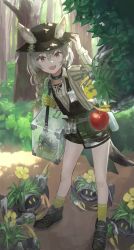 Rule 34 | 1girl, :d, animal, apple, arknights, beanstalk (arknights), black collar, black footwear, black headwear, black shorts, black vest, bottle, bow, carrying, collar, crab, ears through headwear, fang, flower, flower on head, food, fruit, full body, green bow, green ribbon, grey shirt, hair between eyes, hair bow, hair ribbon, hand on headwear, highres, hyena ears, hyena girl, hyena tail, infection monitor (arknights), looking at viewer, metal crab (arknights), open mouth, pink eyes, ribbon, shirt, shoes, shorts, shoulder carry, smile, socks, solo, spray bottle, vest, weasel (close-to-the-edge), yellow flower, yellow socks