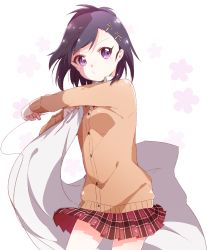 Rule 34 | 10s, 1girl, absurdres, bafarin, blush, buttons, cardigan, collar, collared shirt, cowboy shot, dot nose, floral background, gabriel dropout, hair ornament, hairclip, half updo, highres, long sleeves, looking at viewer, plaid, plaid skirt, pleated skirt, purple eyes, purple hair, school uniform, shiny clothes, shirt, short hair, simple background, skirt, solo, tsurime, vignette tsukinose april, white background, white shirt, x hair ornament