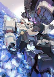 Rule 34 | absurdres, blue flower, chinese commentary, clenched hand, clenched teeth, decepticon, field, fighting, flower, flower field, highres, holding, holding flower, looking up, lying, mecha, megatron, megatron (idw), on back, red eyes, robot, science fiction, tarn, teeth, the transformers (idw), transformers, vetania