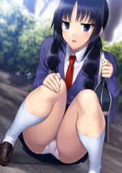 Rule 34 | 1girl, :d, bag, black hair, blue skirt, blush, brown footwear, cameltoe, cardigan, collared shirt, dress shirt, hand on knee, hand on own knee, highres, holding, holding bag, kneehighs, light smile, loafers, long hair, long sleeves, looking at viewer, necktie, no panties, open mouth, outdoors, panties, pantyshot, parted lips, pleated, pleated skirt, purple cardigan, purple eyes, red necktie, school bag, school uniform, seitokai yakuindomo, shirt, shoes, shoulder bag, skirt, smile, socks, solo, squatting, suzume inui, twintails, underwear, uomi, upskirt, uwabaki, white panties, white shirt, white socks, zipper, zipper pull tab