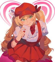 Rule 34 | 1girl, absurdres, alternate costume, blonde hair, blush, bow, bowtie, commentary, dokibird (vtuber), english commentary, green eyes, hair between eyes, hat, heart, highres, holding, holding letter, indie virtual youtuber, letter, long hair, looking at viewer, love letter, mararu, puffy short sleeves, puffy sleeves, red bow, red bowtie, red hat, red nails, short sleeves, signature, skirt, smile, solo, suspender skirt, suspenders, twintails, upper body, valentine, virtual youtuber, white background