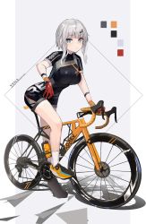 Rule 34 | 1girl, absurdres, bicycle, bike jersey, bike shorts, black bodysuit, blue eyes, bodysuit, breasts, closed mouth, commentary request, darudana, flower, full body, gloves, grey background, grey hair, hair ornament, highres, large breasts, looking at viewer, orange flower, original, red gloves, road bicycle, short hair with long locks, short sleeves, socks, solo, two-tone background, white background, white socks