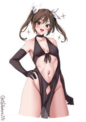 Rule 34 | 1girl, :d, alternate costume, bare legs, bare shoulders, black gloves, blush, breasts, brown eyes, brown hair, clothing cutout, collarbone, cropped legs, ebifurya, elbow gloves, gloves, groin, hair between eyes, hair ribbon, halterneck, hand on own hip, highres, kantai collection, long hair, looking at viewer, navel, navel cutout, open mouth, pelvic curtain, ribbon, sidelocks, simple background, small breasts, smile, solo, sparkle, tone (kancolle), twintails, twitter username, variant set, white background, white ribbon