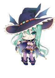 Rule 34 | 1girl, alternate form, black footwear, breasts, cape, chibi, covered navel, date a live, full body, gem, green eyes, green gemstone, green hair, hat, highres, kimiko2007, long hair, looking at viewer, natsumi (date a live), navel, one eye closed, smile, solo, star (symbol), star print, witch, witch hat