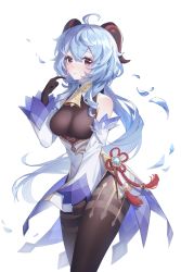 Rule 34 | 1girl, ahoge, bare shoulders, bell, black gloves, black pantyhose, blue hair, blush, breasts, chinese knot, cowboy shot, detached sleeves, flower knot, ganyu (genshin impact), genshin impact, gloves, gold trim, highres, horns, long hair, looking at viewer, medium breasts, mibai yume, neck bell, nose blush, pantyhose, petals, purple eyes, sidelocks, solo, standing, tassel, thighlet, thighs, vision (genshin impact), waist cape, white background, white sleeves