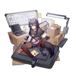 Rule 34 | 1girl, animal ear fluff, animal ears, arknights, black capelet, black footwear, black gloves, black hair, black shorts, box, brown eyes, brown pantyhose, capelet, cardboard box, chinese commentary, commentary request, computer, croissant, dated, fingerless gloves, food, gloves, hair between eyes, highres, jacket, knee up, laptop, long hair, long sleeves, looking at viewer, mouth hold, pantyhose, shadow, shoes, short shorts, shorts, sidelocks, simple background, sitting, sneakers, solo, songhua, texas (arknights), white background, white jacket, wolf ears