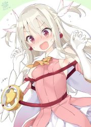 Rule 34 | +++, 1girl, blush, breasts, detached sleeves, earrings, fate/kaleid liner prisma illya, fate (series), flying sweatdrops, gloves, grey hair, hair between eyes, hair ornament, illyasviel von einzbern, jewelry, kani biimu, long hair, magical girl, magical ruby, nose blush, open mouth, parody, prisma illya, purple eyes, rei no himo, restrained, sidelocks, simple background, small breasts, solo, two side up, white gloves