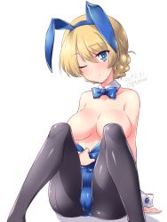 Rule 34 | 1girl, ;), animal ears, black pantyhose, blonde hair, blue bow, blue bowtie, blue eyes, blue leotard, blush, bow, bowtie, braid, breasts, cameltoe, cleft of venus, closed mouth, collar, collarbone, commentary, convenient censoring, convenient leg, covered navel, darjeeling (girls und panzer), dated, detached collar, fake animal ears, fake tail, girls und panzer, grey pantyhose, highres, kuzuryuu kennosuke, large breasts, legs, leotard, leotard pull, looking at viewer, one-hour drawing challenge, one eye closed, pantyhose, playboy bunny, pulling own clothes, rabbit ears, rabbit tail, short hair, simple background, sitting, smile, solo, strapless, strapless leotard, tail, thighs, twin braids, twitter username, white background, white collar, wing collar, wrist cuffs