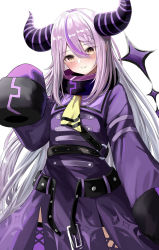 Rule 34 | 1girl, blush, braid, brown eyes, closed mouth, commentary request, demon horns, dress, grey hair, highres, hololive, horns, la+ darknesss, long hair, long sleeves, looking at viewer, multicolored hair, natsuki (natukituki), purple dress, purple hair, purple thighhighs, simple background, sleeves past fingers, sleeves past wrists, smile, solo, streaked hair, thighhighs, very long hair, virtual youtuber, white background