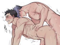 Rule 34 | 2boys, all fours, anal, bara, black hair, blush, breath, commission, completely nude, cum, cum overflow, deep penetration, doggystyle, erection, gradient hair, greg (dart), highres, kai (dart), large pectorals, liliiliillj, male focus, male penetrated, multicolored hair, multiple boys, muscular, muscular male, no nipples, nude, original, pectorals, penis, purple hair, reversible couple, second-party source, sex, sex from behind, short hair, sideburns, thick eyebrows, trembling, two-tone hair, uncensored, yaoi