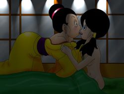 Rule 34 | 2girls, all fours, bed, bed sheet, black eyes, black hair, blue eyes, blush, breasts, chi-chi (dragon ball), dragon ball, dragonball z, earrings, female focus, hair bun, japanese clothes, jewelry, kiss, long hair, mature female, multiple girls, navel, no bangs, nude, open mouth, single hair bun, sitting, tongue, tongue out, twintails, videl, yuri