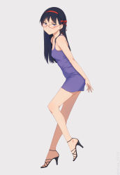 Rule 34 | 1girl, akemi homura, black hair, breasts, closed mouth, dress, glasses, hairband, high heels, highres, legs, long hair, looking at viewer, mahou shoujo madoka magica, mahou shoujo madoka magica (anime), miura-n315, short dress, simple background, skirt, smile, solo, tight clothes, tight dress