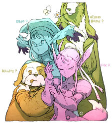 Rule 34 | 2boys, 2girls, animal ears, arm up, bow (breath of fire), breath of fire, breath of fire ii, breath of fire iii, breath of fire iv, bun cover, closed eyes, closed mouth, cropped legs, crying, dog boy, dog ears, english text, flower, gauntlets, glasses, hair bun, hat, highres, looking at another, looking down, looking to the side, momo (breath of fire), mortarboard, multiple boys, multiple girls, multiple monochrome, scias, single hair bun, sparkle, standing, tail, tongue, tongue out, ursula (breath of fire), white background, yoshikawa tatsuya