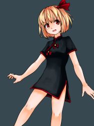 Rule 34 | 1girl, alternate costume, bare legs, black dress, blonde hair, bow, china dress, chinese clothes, dress, fang, hair ribbon, highres, open mouth, red eyes, ribbon, rumia, scottie0521, short hair, short sleeves, smile, solo, touhou