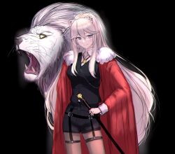 Rule 34 | 1girl, animal ears, black background, black pantyhose, black shorts, black vest, bolo tie, breasts, cane, cape, closed mouth, coat, collared shirt, commentary, dress shirt, ear piercing, fur-trimmed coat, fur trim, grey eyes, hair flaps, highres, holding, holding cane, hololive, legwear garter, lion, lion ears, long hair, looking at viewer, medium breasts, official alternate costume, official alternate hair length, official alternate hairstyle, pantyhose, piercing, red cape, shirt, shishiro botan, shishiro botan (button-down), short shorts, shorts, sidelocks, solo, thigh strap, very long hair, vest, virtual youtuber, waistcoat, white sleeves, zexalmike