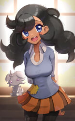 Rule 34 | 1girl, :d, absurdres, arms behind back, black hair, black pantyhose, blue eyes, blush, collared shirt, commentary request, creatures (company), emma (pokemon), espurr, eyelashes, game freak, gen 6 pokemon, gonzarez, grey sweater, highres, indoors, long hair, looking at viewer, nintendo, open mouth, orange skirt, pantyhose, pokemon, pokemon (creature), pokemon xy, shirt, skirt, smile, sweater, teeth, tongue, twintails, upper teeth only, white shirt