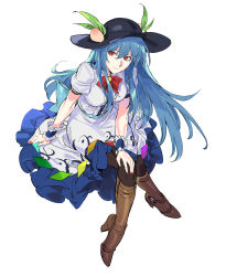 Rule 34 | 1girl, absurdres, black hat, blouse, blue hair, blue skirt, boots, bow, bowtie, breasts, brown footwear, center frills, closed mouth, cross-laced footwear, crossed legs, food, frilled skirt, frills, fruit, full body, hair between eyes, hat, high heel boots, high heels, highres, hinanawi tenshi, leaning forward, long hair, looking to the side, nail polish, nose, pantyhose, peach, puffy short sleeves, puffy sleeves, rainbow order, red bow, red bowtie, red eyes, red nails, ruukii drift, shirt, short sleeves, sitting, skirt, smile, solo, touhou, very long hair, white background, white shirt, wrist cuffs