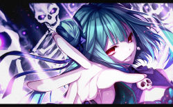 Rule 34 | 1girl, blue dress, brooch, double bun, dress, fenrir (fenlil0316), fingernails, green hair, grimace, grin, hair bun, hair ornament, highres, hololive, jewelry, long fingernails, looking at viewer, necromancer, outstretched arm, outstretched hand, red eyes, short hair, short hair with long locks, sidelocks, skull, skull hair ornament, smile, solo, upper body, uruha rushia, uruha rushia (1st costume), v-shaped eyebrows, virtual youtuber
