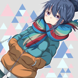 Rule 34 | 1girl, absurdres, blue hair, blue jacket, blue scarf, closed mouth, down jacket, dutch angle, green scarf, grey background, hair between eyes, hair bun, hands in pockets, highres, jacket, looking at viewer, multicolored clothes, multicolored scarf, purple eyes, red scarf, scarf, shikinnsonn, shima rin, solo, striped clothes, striped scarf, twitter username, upper body, uroko (pattern), yurucamp
