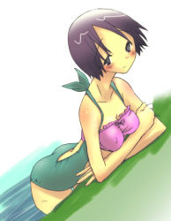 Rule 34 | 1girl, bent over, blush, casual one-piece swimsuit, crossed arms, dutch angle, halterneck, jakou nezumi, one-piece swimsuit, purple hair, short hair, smile, solo, swimsuit, wading, water