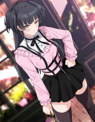 Rule 34 | 1girl, bag, black dress, black hair, black thighhighs, blunt bangs, blurry, blurry background, blush, breasts, brown eyes, dress, fed (giba), frills, highres, holding, holding bag, idolmaster, idolmaster shiny colors, long hair, long sleeves, looking at viewer, mayuzumi fuyuko, medium breasts, pink dress, sidelocks, skindentation, solo, standing, thighhighs, tsundere, two-tone dress, two side up, v-shaped eyebrows, zipper