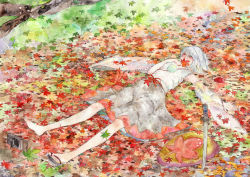 Rule 34 | 1girl, autumn, barefoot, conose, covering own mouth, detached sleeves, female focus, full body, geta, inubashiri momiji, japanese clothes, katana, leaf, long skirt, lying, maple leaf, on back, painting (medium), sandals, shield, shoes, short hair, single shoe, skirt, solo, sword, touhou, traditional media, watercolor (medium), weapon, white hair, wide sleeves