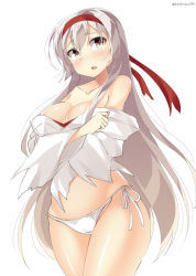 Rule 34 | 10s, 1girl, bad id, bad pixiv id, bare shoulders, blush, breasts, brown eyes, cleavage, cowboy shot, kankitsunabe (citrus), kantai collection, long hair, open mouth, panties, robe, shoukaku (kancolle), side-tie panties, silver hair, solo, underwear