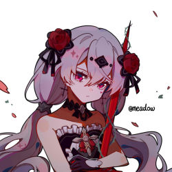 Rule 34 | 1girl, bare shoulders, black dress, black gloves, closed mouth, dress, earrings, flower, gloves, hair between eyes, hair flower, hair ornament, holding, holding sword, holding weapon, honkai (series), honkai impact 3rd, jewelry, looking at viewer, meadow (morphinecaca), petals, portrait, red eyes, red flower, simple background, sleeveless, sleeveless dress, solo, sword, theresa apocalypse, theresa apocalypse (luna kindred), thorns, twintails, weapon, white background, white hair