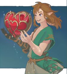 Rule 34 | 1boy, :d, artist name, belt, black skin, blonde hair, blue eyes, brown belt, colored skin, cowboy shot, floating, floating object, from side, gradient background, hands up, heart, heart container, highres, ivy (sena0119), link, long hair, nintendo, open mouth, pointy ears, short sleeves, smile, solo, sparkle, teeth, the legend of zelda, the legend of zelda: tears of the kingdom, upper teeth only, white background