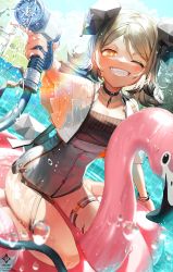 Rule 34 | 1girl, ;d, a0lp, adapted costume, arknights, blonde hair, commentary request, demon horns, demon tail, foreshortening, grey one-piece swimsuit, grin, highres, holding, holding hose, horns, hose, ifrit (arknights), inflatable flamingo, korean commentary, looking at viewer, material growth, one-piece swimsuit, one eye closed, open mouth, orange eyes, oripathy lesion (arknights), outdoors, pendant choker, short hair, short twintails, sitting, smile, solo, swimsuit, tail, teeth, twintails, v-shaped eyebrows, wariza, water