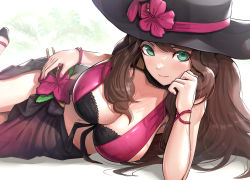 Rule 34 | 1girl, bikini, black hat, bracelet, breasts, brown hair, choker, cleavage, closed mouth, dorothea arnault, duplicate, earrings, elbow rest, fire emblem, fire emblem: three houses, fire emblem heroes, flower, gonzarez, green eyes, hand on own cheek, hand on own face, hand on own hip, hat, hat flower, hibiscus, highres, jewelry, large breasts, long hair, looking at viewer, lying, nail polish, navel, nintendo, official alternate costume, on side, pink nails, purple nails, red wristband, sarong, sideboob, smile, solo, sun hat, swimsuit, two-tone bikini, water drop, wet
