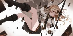 Rule 34 | 1girl, artist name, bare legs, black footwear, black skirt, blonde hair, boots, braid, breasts, card, chinese robot kid, commentary request, cross, flag, gloves, hair between eyes, hair ornament, hair ribbon, hairclip, highres, jacket, long hair, looking at viewer, medium breasts, military, military uniform, miniskirt, original, ribbon, russia, saber (weapon), simple background, skirt, smile, solo, sword, tagme, tape, thighs, uniform, weapon, white gloves, yellow eyes