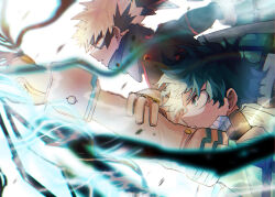 Rule 34 | 2boys, bakugou katsuki, black mask, black whip (boku no hero academia), blonde hair, bloom, blurry, blurry foreground, bodysuit, boku no hero academia, bright pupils, chromatic aberration, clenched hand, commentary request, electricity, eye mask, film grain, flying, freckles, from side, gloves, green bodysuit, green eyes, green hair, hand on own arm, hands up, headgear, high collar, highres, looking ahead, male focus, midair, midoriya izuku, multiple boys, outstretched arm, outstretched arms, parted lips, partial commentary, profile, red eyes, sanpaku, serious, short hair, simple background, single horizontal stripe, spiked hair, tentacles, uni ssansyo, upper body, white background, white gloves, white pupils