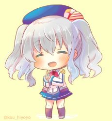 Rule 34 | :d, beret, black socks, blue skirt, blush, buttons, chibi, closed eyes, collared shirt, epaulettes, frilled sleeves, frills, full body, grey shirt, hair between eyes, happy, hat, jacket, kantai collection, kashima (kancolle), kerchief, kneehighs, kou hiyoyo, long sleeves, military, military jacket, miniskirt, neckerchief, open mouth, pleated skirt, red neckerchief, shirt, sidelocks, silver hair, simple background, skirt, smile, socks, solo, standing, twintails, twitter username, wavy hair, white jacket, yellow background