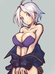 Rule 34 | angel (kof), blue eyes, bra, breasts, cleavage, highres, jacket, kore (kore), large breasts, looking at viewer, open clothes, open jacket, solo, stomach, the king of fighters, underwear, white hair