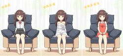Rule 34 | 1girl, bare shoulders, barefoot, blush, brown eyes, brown hair, chinese commentary, closed mouth, collarbone, collared shirt, commentary request, dress, dress shirt, elbow gloves, flower, gloves, grey skirt, hair flower, hair ornament, hatsunatsu, highres, long hair, long sleeves, multiple views, on chair, original, pillow, pleated skirt, red dress, school uniform, shirt, skirt, sleeveless, sleeveless dress, smile, star (symbol), strapless, strapless dress, two side up, white dress, white flower, white gloves, white shirt, wooden floor
