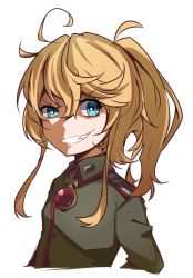 Rule 34 | 10s, 1girl, ahoge, blonde hair, blue eyes, breasts, commentary request, cropped torso, epaulettes, evil grin, evil smile, grey shirt, grin, hair between eyes, ido (teketeke), long hair, long sleeves, looking at viewer, military, military uniform, ponytail, shaded face, shirt, sidelocks, simple background, small breasts, smile, solo, tanya degurechaff, uniform, upper body, white background, youjo senki