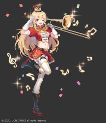 Rule 34 | 1girl, ;d, absurdres, arm up, band uniform, belt, black background, black footwear, blonde hair, boots, breasts, crop top, french horn, frilled skirt, frills, full body, gloves, gold trim, groin, hand up, haru estia, hat, highres, holding, instrument, knee boots, large breasts, leg up, lim jaejin, long hair, looking at viewer, midriff, miniskirt, musical note, navel, official art, one eye closed, open mouth, red hat, red shirt, red skirt, salute, shako cap, shirt, short sleeves, simple background, skirt, smile, solo, soulworker, stomach, thigh strap, thighhighs, thighs, trombone, white gloves, white thighhighs, yellow eyes, zettai ryouiki
